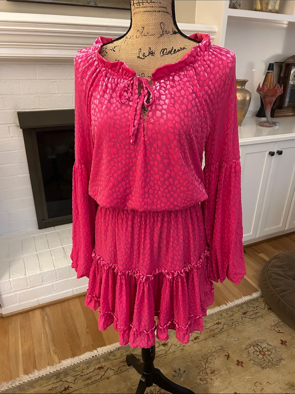 Women's Long-Sleeve Ruffled Tie-Neck Dress in Hot Pink